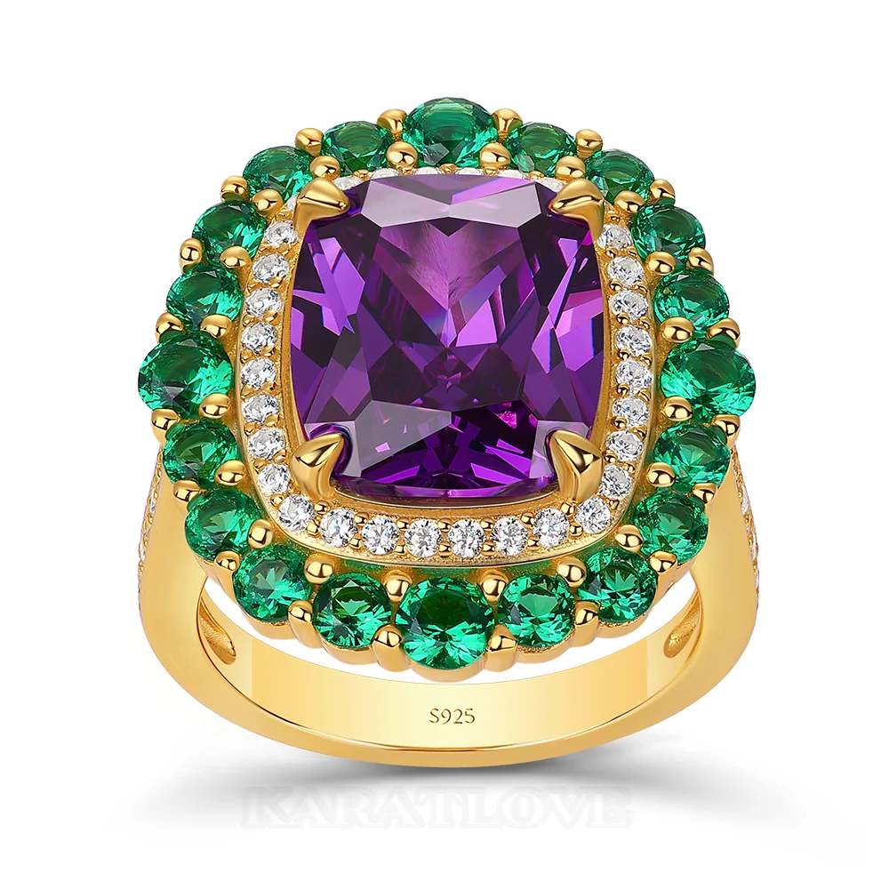 Kissenschnitt Amethyst Sterling Silber Gelbgold Doppelter Heiligenschein Verlobungsring