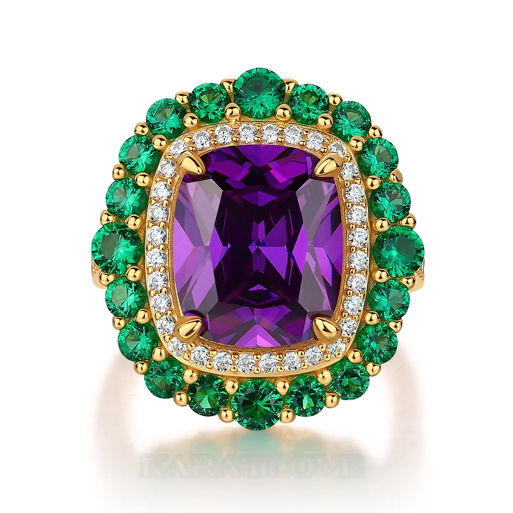 Kissenschnitt Amethyst Sterling Silber Gelbgold Doppelter Heiligenschein Verlobungsring