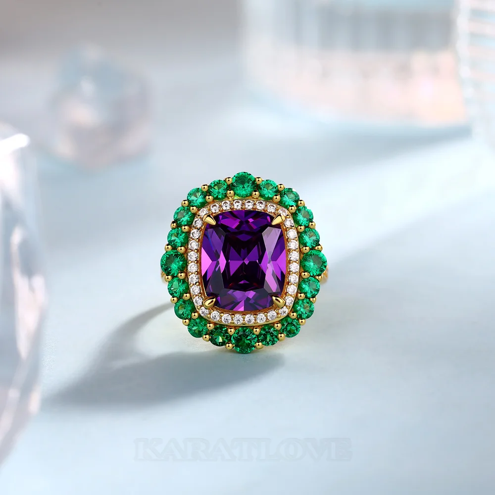 Kissenschnitt Amethyst Sterling Silber Gelbgold Doppelter Heiligenschein Verlobungsring