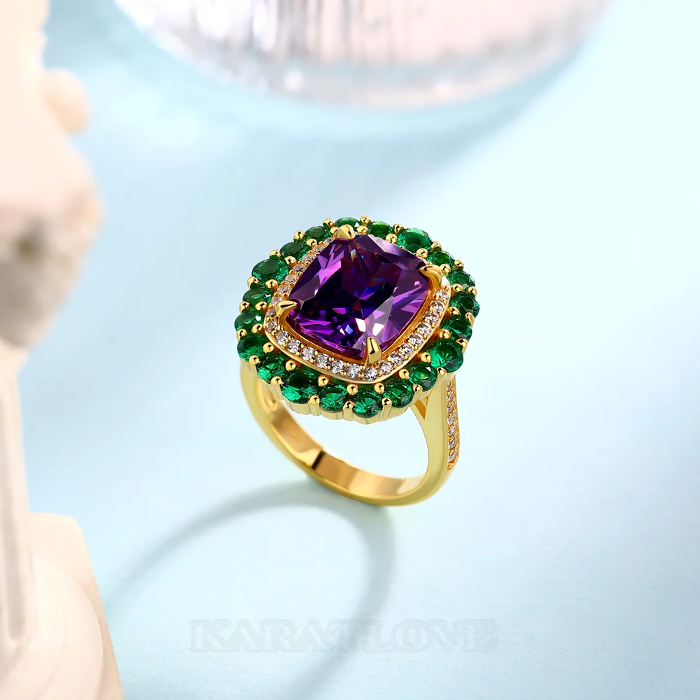 Kissenschnitt Amethyst Sterling Silber Gelbgold Doppelter Heiligenschein Verlobungsring