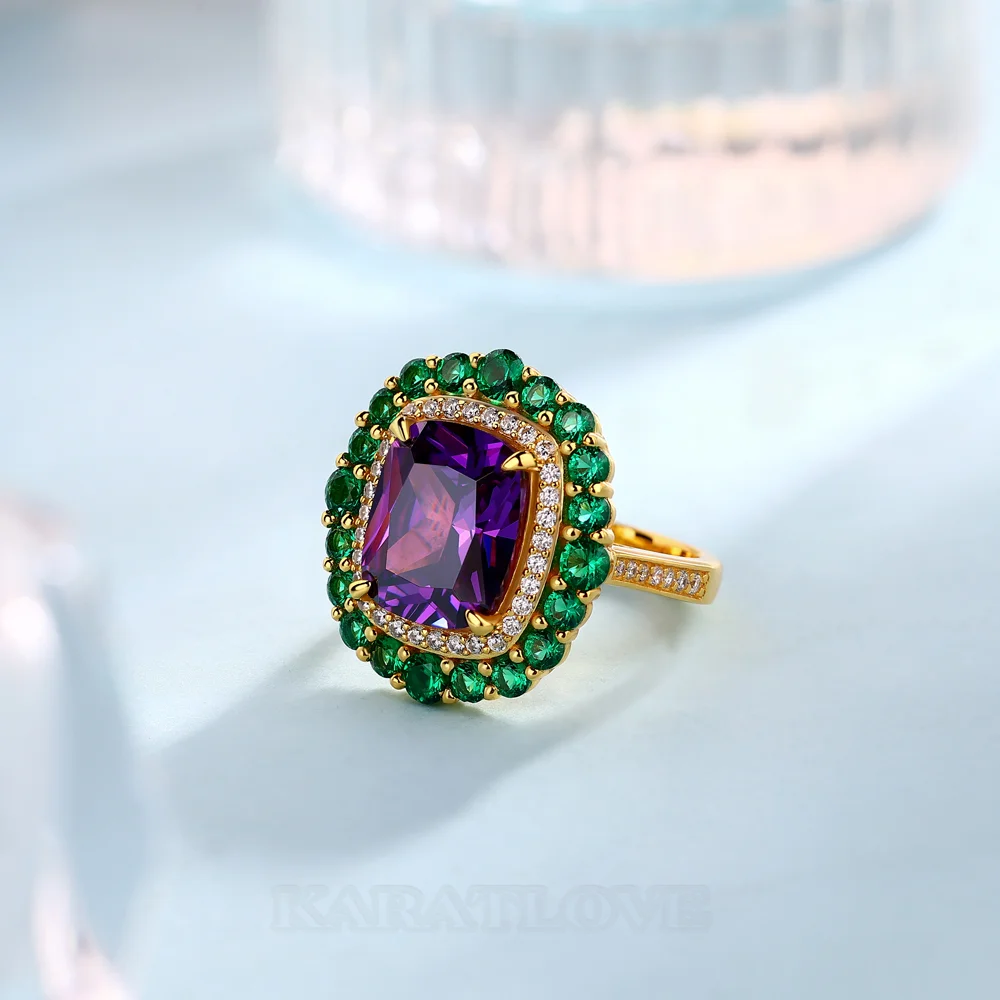 Kissenschnitt Amethyst Sterling Silber Gelbgold Doppelter Heiligenschein Verlobungsring