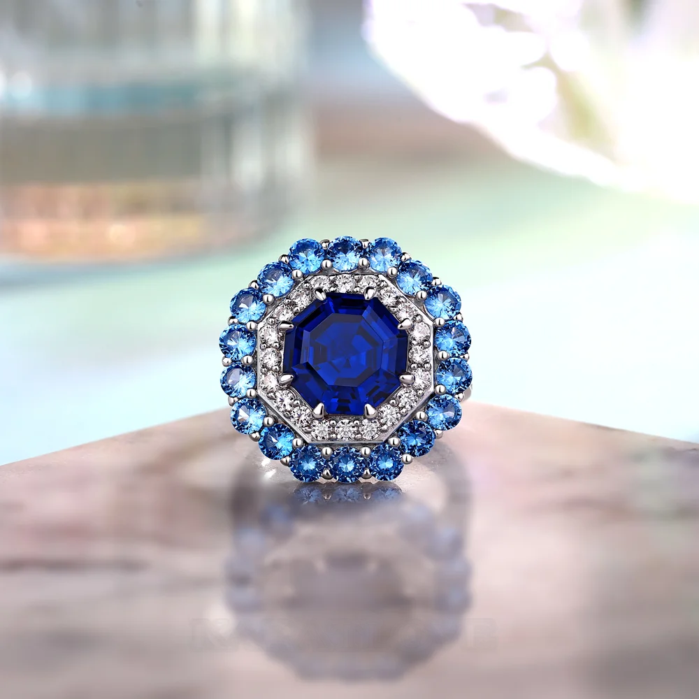 Achteckschnitt Saphirblau Sterling Silber Doppelter Heiligenschein Verlobungsring