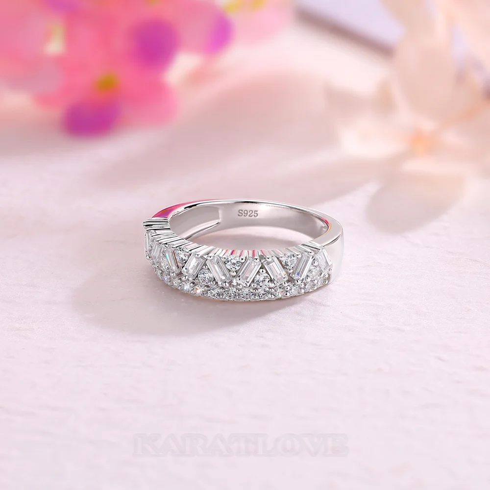 Baguette und Rund Schnitt Diamantweiß 925er Sterlingsilber Zweireihig Eheringe