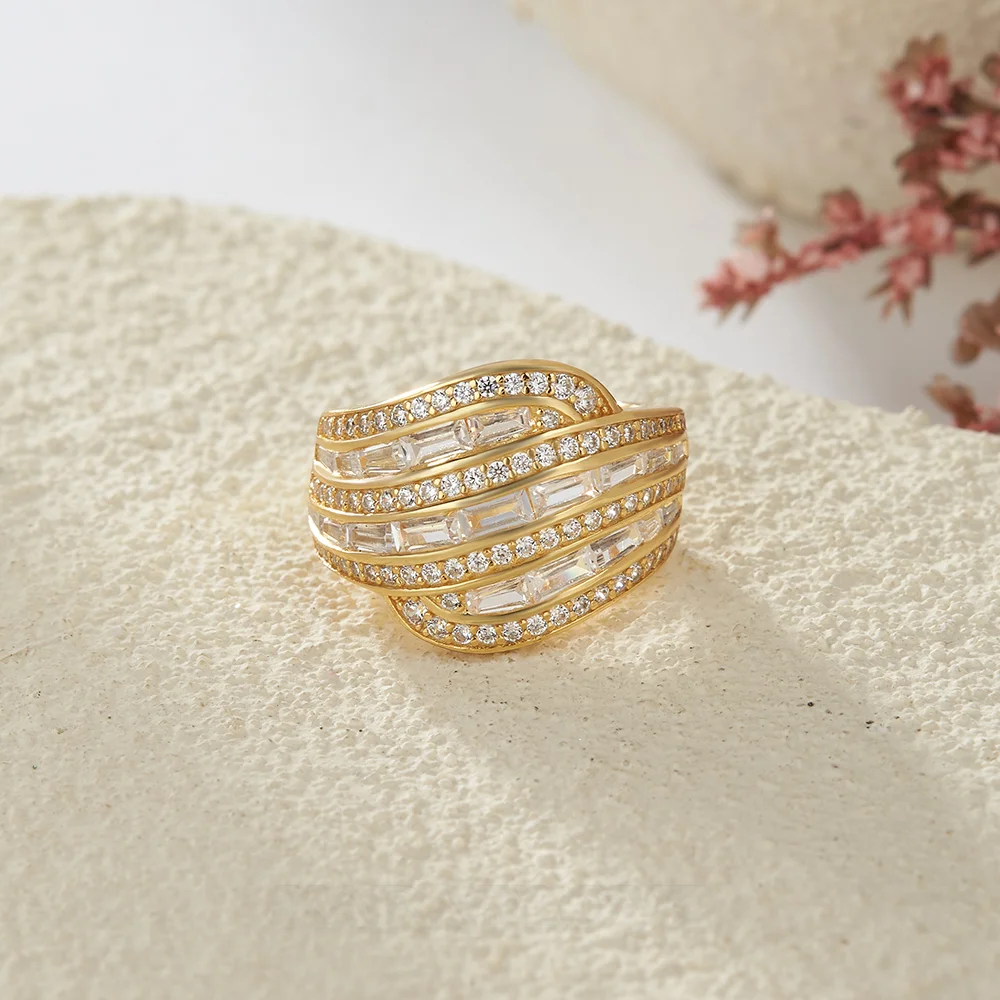 Baguette-Schnitt Diamantweiß 925er Sterlingsilber Gelbgold Art Deco Bandring