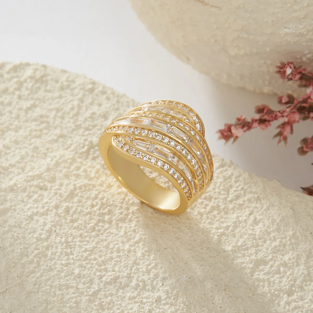 Baguette-Schnitt Diamantweiß 925er Sterlingsilber Gelbgold Art Deco Bandring