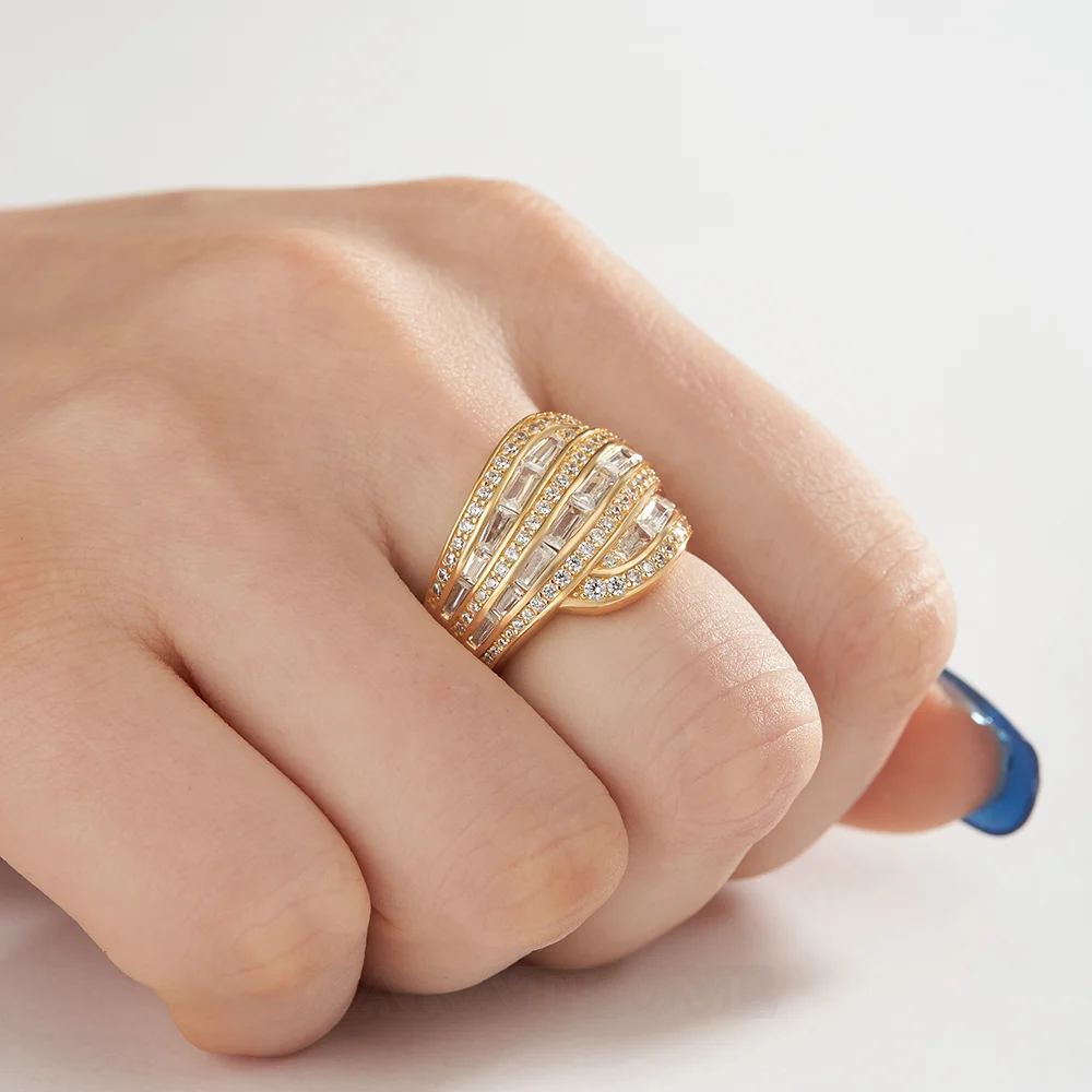 Baguette-Schnitt Diamantweiß 925er Sterlingsilber Gelbgold Art Deco Bandring