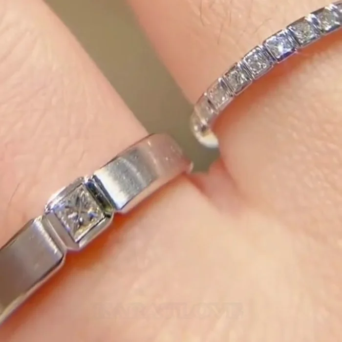 Paar-Ringe aus weißem Sterlingsilber mit Princess-Schliff-Diamant