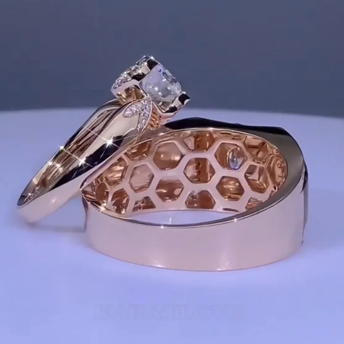 Paar-Ringe aus rosévergoldetem Sterlingsilber mit Brillantschliff-Diamant