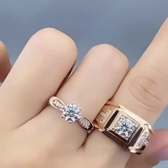 Paar-Ringe aus rosévergoldetem Sterlingsilber mit Brillantschliff-Diamant