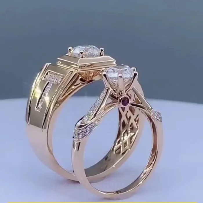 Paar-Ringe aus rosévergoldetem Sterlingsilber mit Brillantschliff-Diamant