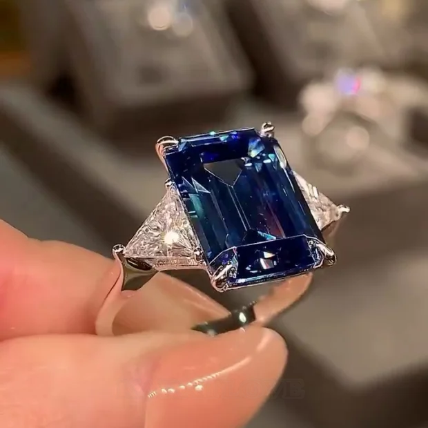 Smaragdschliff Saphirblau 3-Steine Verlobungsring aus 925er Sterlingsilber