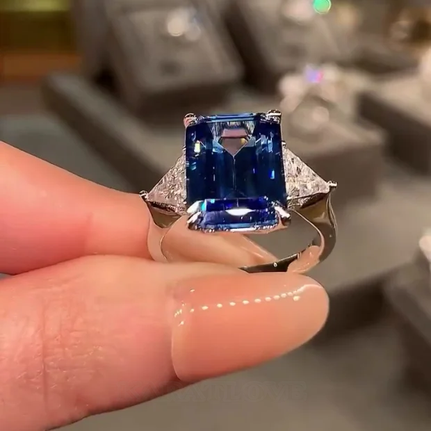 Smaragdschliff Saphirblau 3-Steine Verlobungsring aus 925er Sterlingsilber