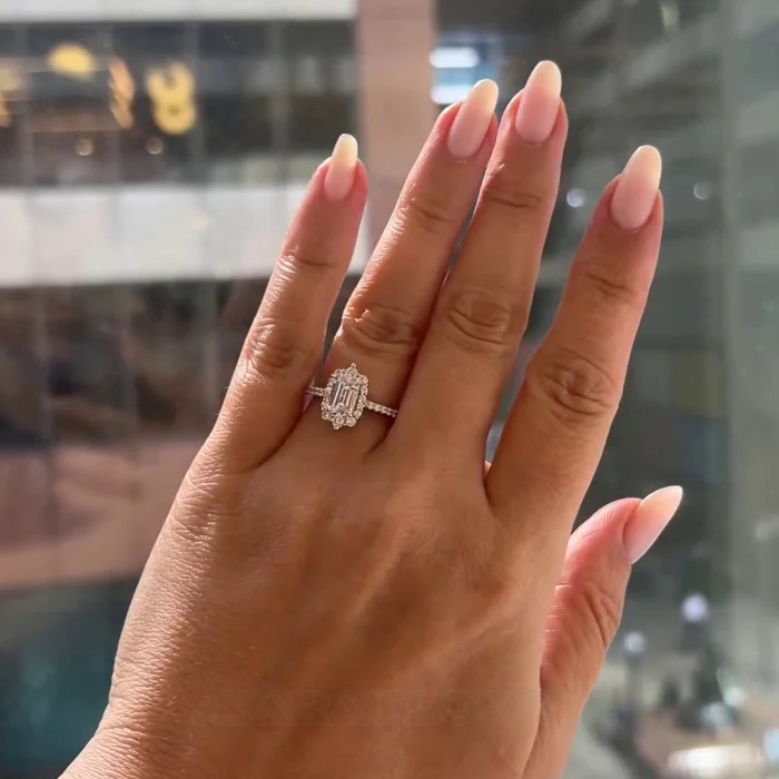 Smaragdschliff Diamantweiß Halo 925er Sterlingsilber Verlobungsring