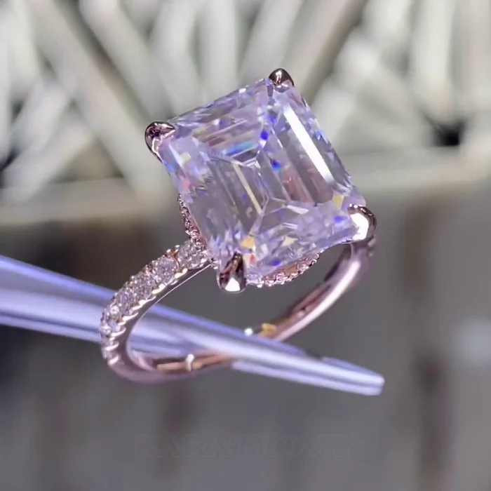 Smaragdschliff Diamantweiß Verstecktes Halo 925er Sterlingsilber Roségold Verlobungsring