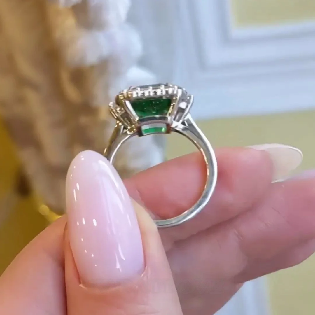 Smaragdschliff Smaragdgrün 925er Sterlingsilber Halo Verlobungsring