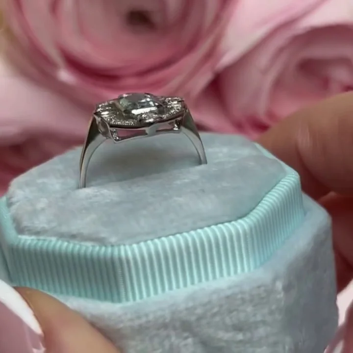 Smaragdschliff Aquamarine 925er Sterlingsilber Halo Verlobungsring