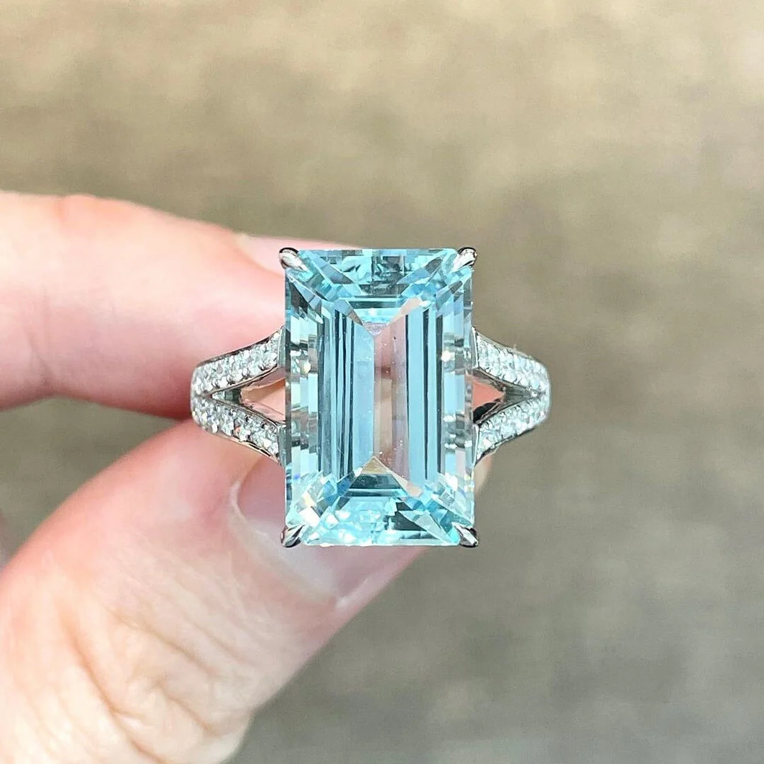 Smaragdschliff Aquamarine 925er Sterlingsilber Klassisch Verlobungsring