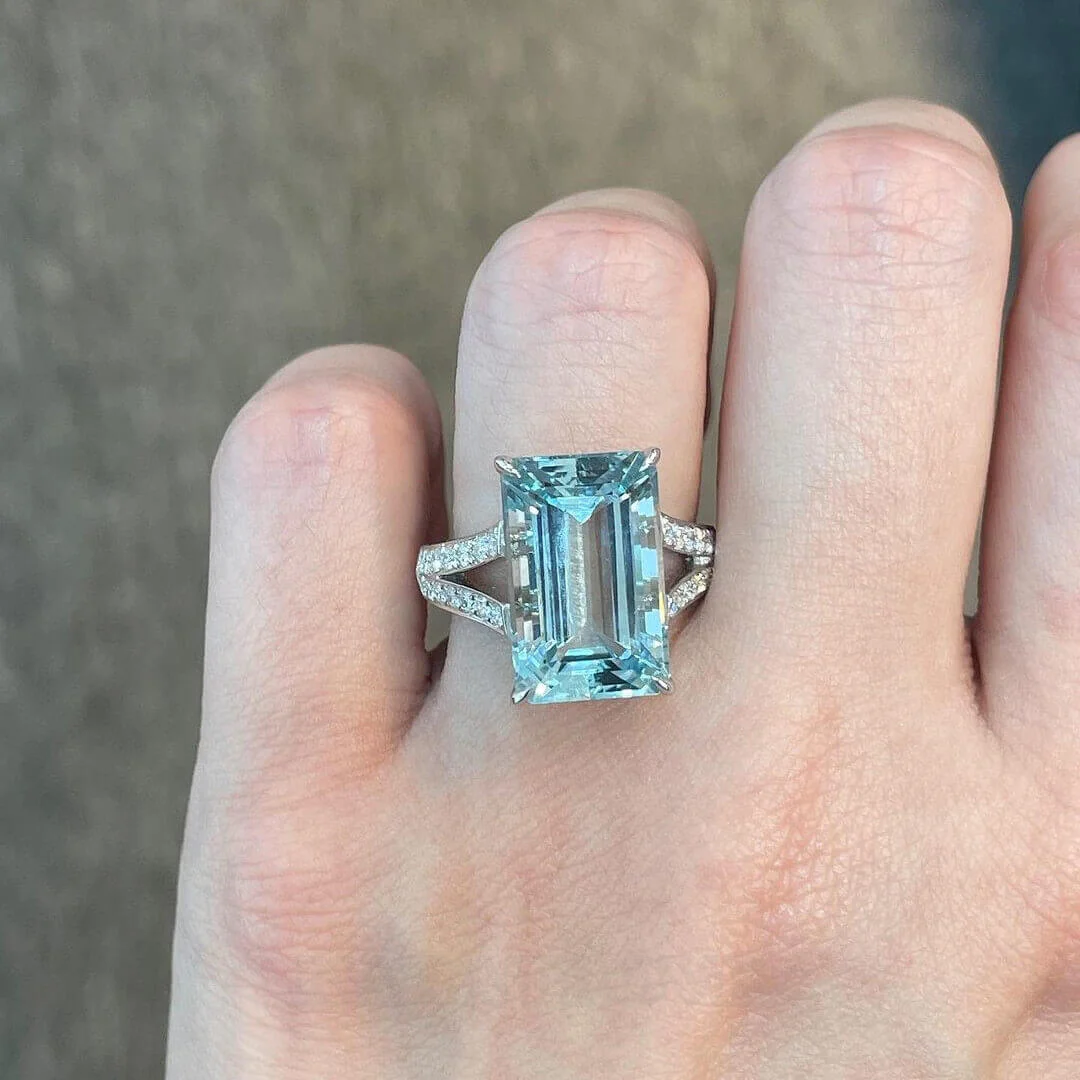 Smaragdschliff Aquamarine 925er Sterlingsilber Klassisch Verlobungsring