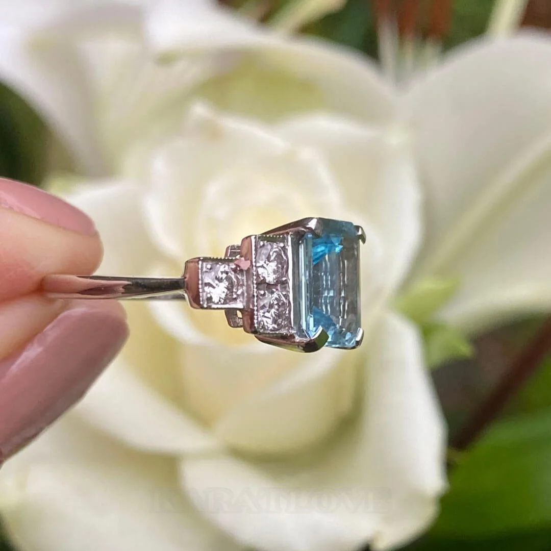 Smaragdschliff Aquamarine 925er Sterlingsilber Art-Déco Verlobungsring