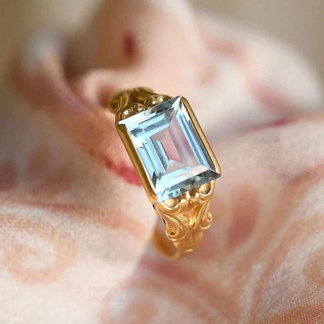 Smaragdschliff Aquamarine 925er Sterlingsilber Gelbgold Solitär-Verlobungsring