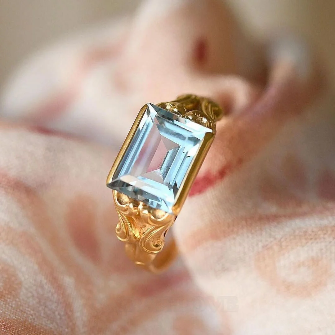 Smaragdschliff Aquamarine 925er Sterlingsilber Gelbgold Solitär-Verlobungsring