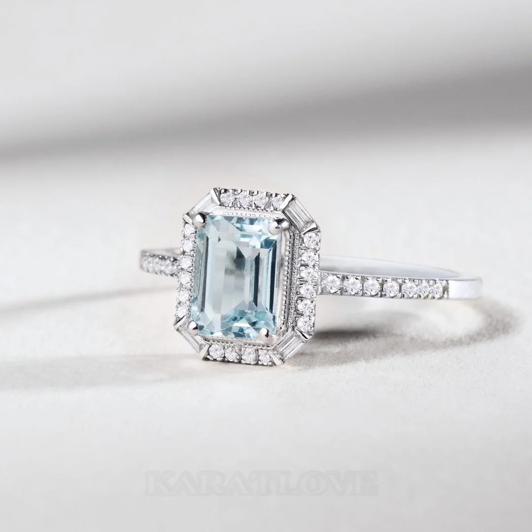 Smaragdschliff Aquamarine 925er Sterlingsilber Halo Verlobungsring