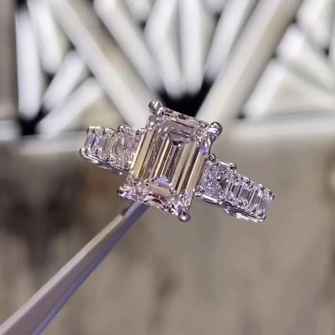 Smaragdschliff Diamantweiß 925er Sterlingsilber 3-Steine Verlobungsring