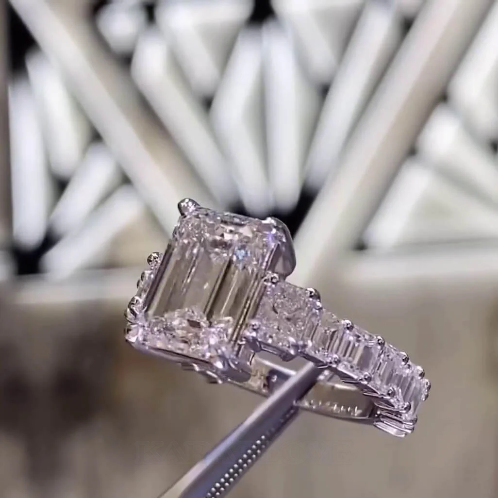 Smaragdschliff Diamantweiß 925er Sterlingsilber 3-Steine Verlobungsring