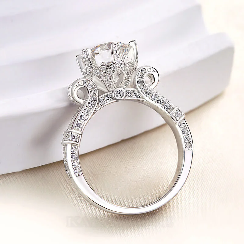 Rundschliff Diamantweiß 925er Sterlingsilber Art-Déco Verlobungsring