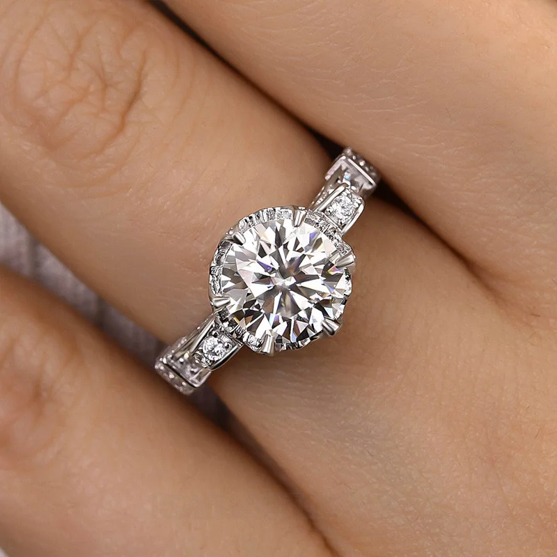 Rundschliff Diamantweiß 925er Sterlingsilber Art-Déco Verlobungsring