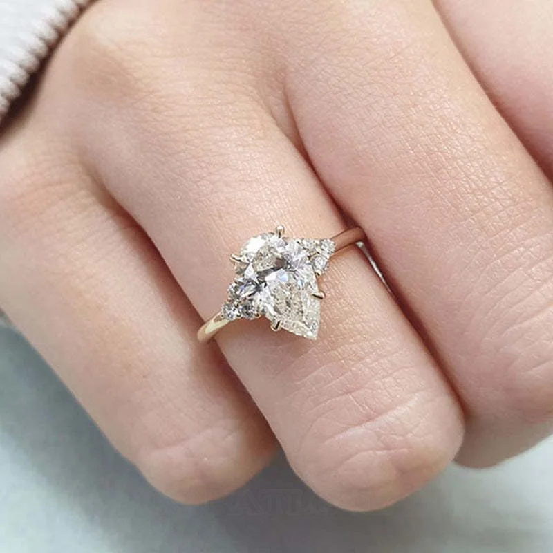 Tropfenschliff Diamantweiß 925er Sterlingsilber Gelbgold 3-Steine Verlobungsring