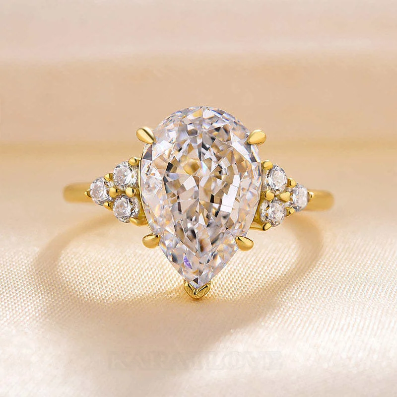 Tropfenschliff Diamantweiß 925er Sterlingsilber Gelbgold 3-Steine Verlobungsring