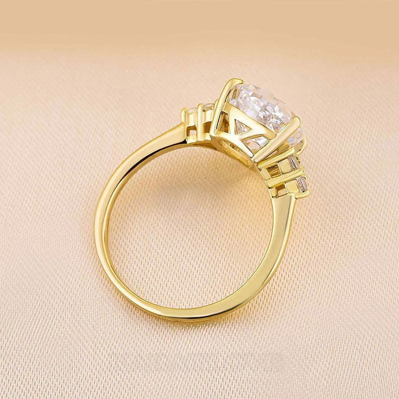 Tropfenschliff Diamantweiß 925er Sterlingsilber Gelbgold 3-Steine Verlobungsring