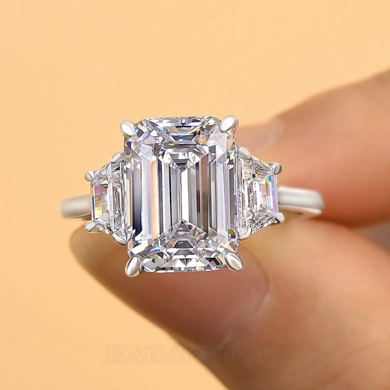 Smaragdschliff Diamantweiß 925er Sterlingsilber 3-Steine Verlobungsring