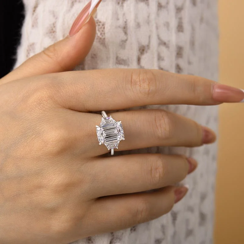 Smaragdschliff Diamantweiß 925er Sterlingsilber 3-Steine Verlobungsring