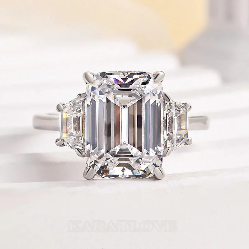 Smaragdschliff Diamantweiß 925er Sterlingsilber 3-Steine Verlobungsring