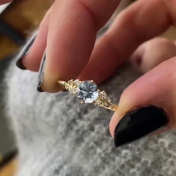 Rundschliff Aquamarinblau 925er Sterlingsilber Gelbgold Verlobungsring