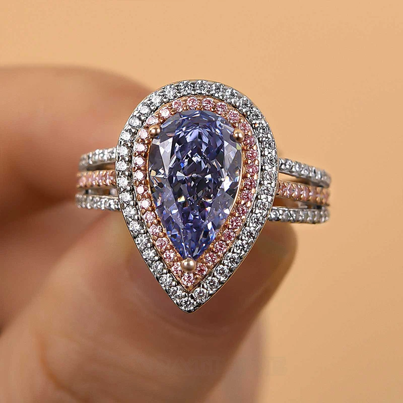 Tropfenschliff Aquamarinblau 925er Sterlingsilber Doppel-Halo Verlobungsring