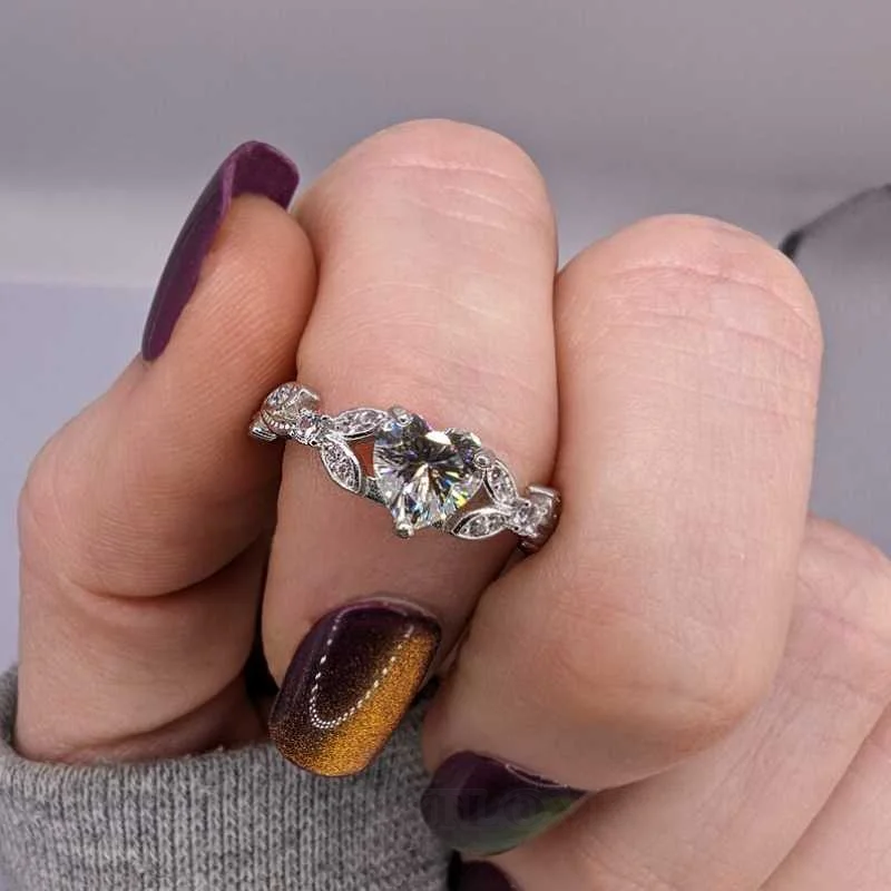 Herzförmiger Schnitt Diamantweiß Sterling Silber Blatt Verlobungsring