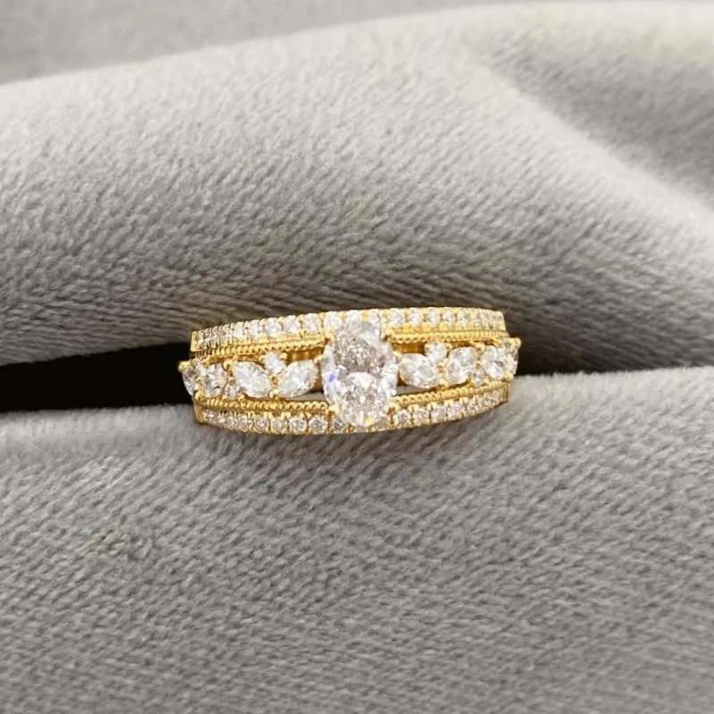 Ovaler Schliff Diamant Weiß Sterling Silber Gelbgold Verlobungsring