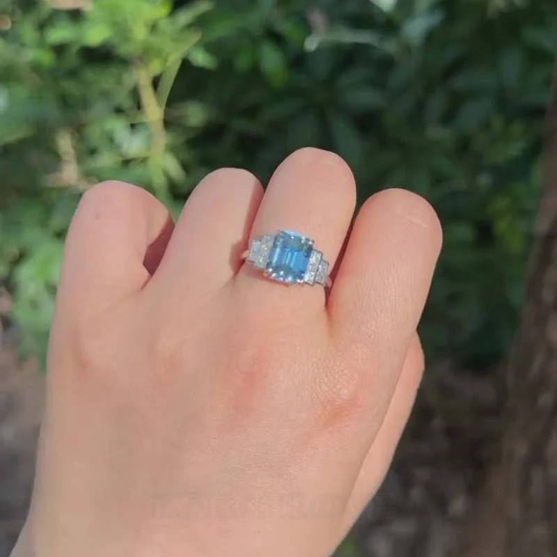 Smaragdschliff Aquamarinblau Sterling Silber Verlobungsring