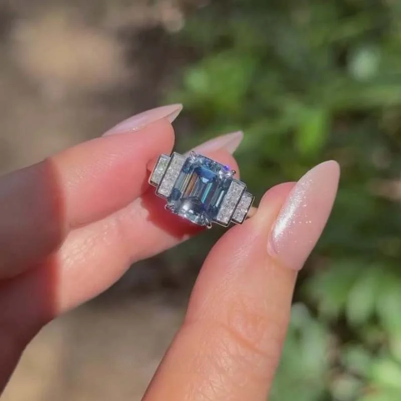 Smaragdschliff Aquamarinblau Sterling Silber Verlobungsring