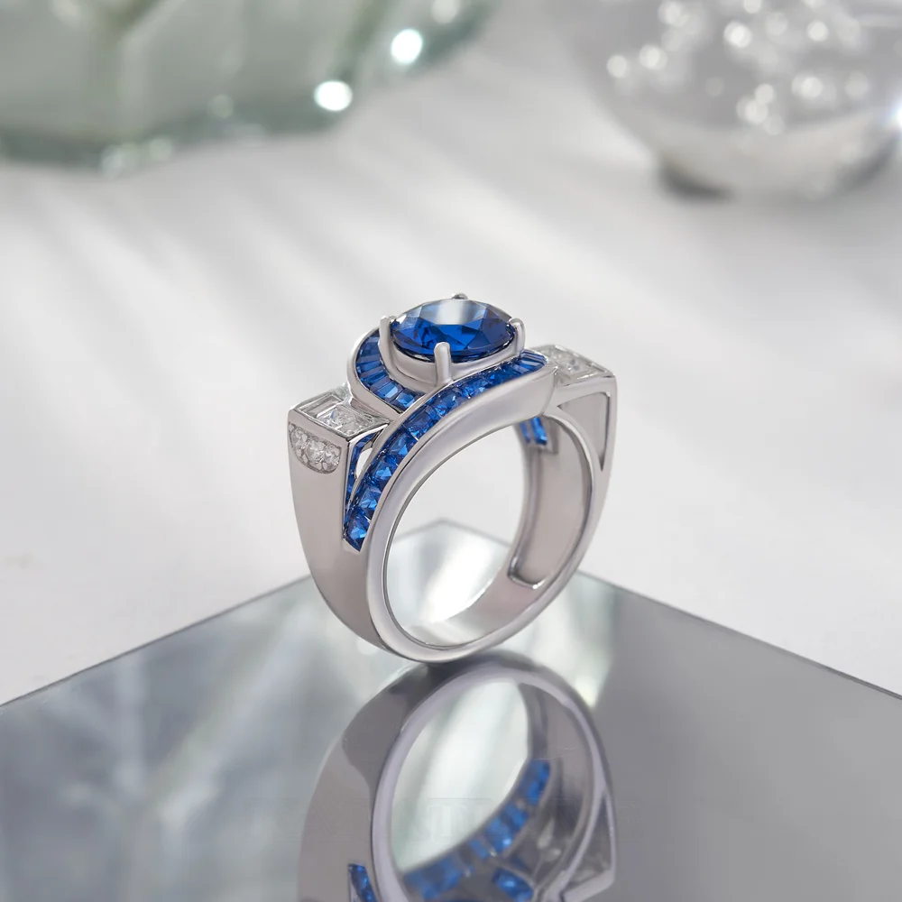 Runder Schnitt Saphirblau Sterling Silber Art Deco Verlobungsring