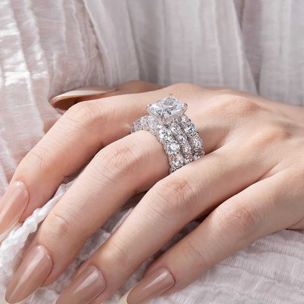 Diamantweiß Prinzessschliff 3-teilige Brautset aus 925er Sterlingsilber