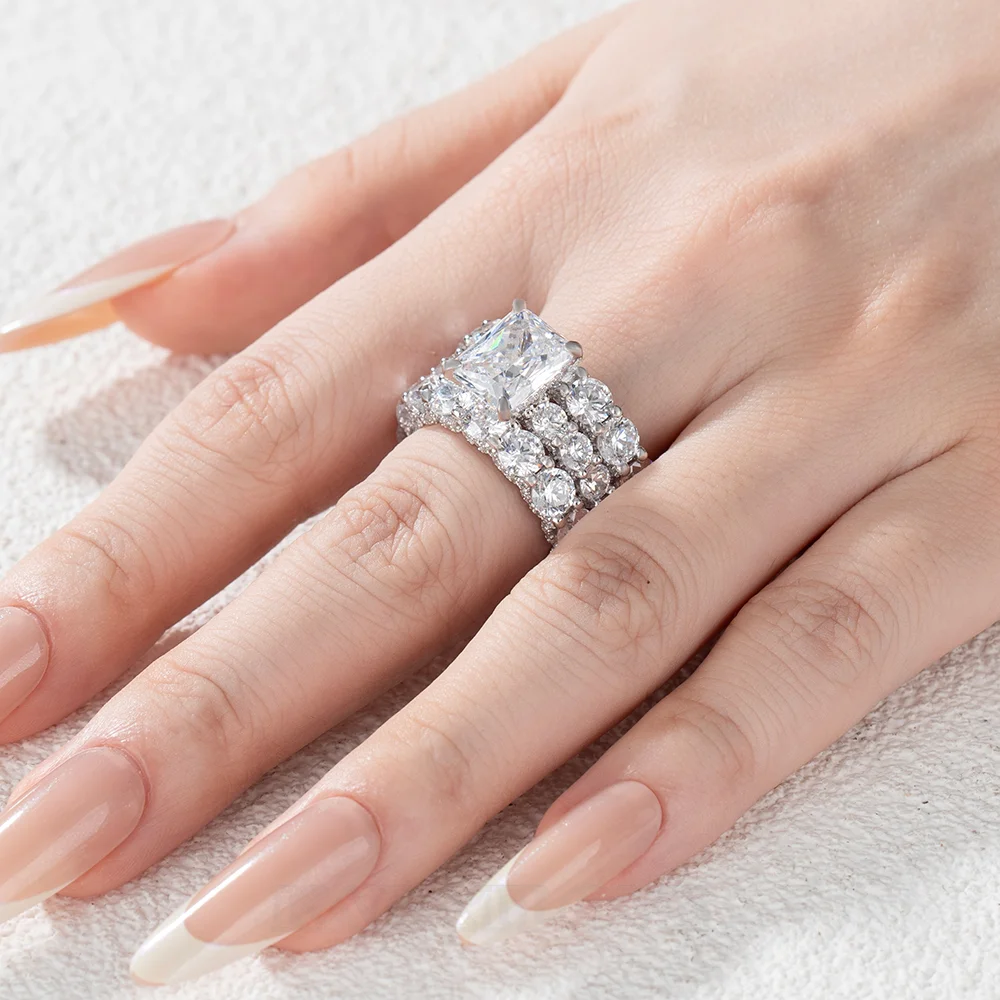 Diamantweiß Prinzessschliff 3-teilige Brautset aus 925er Sterlingsilber