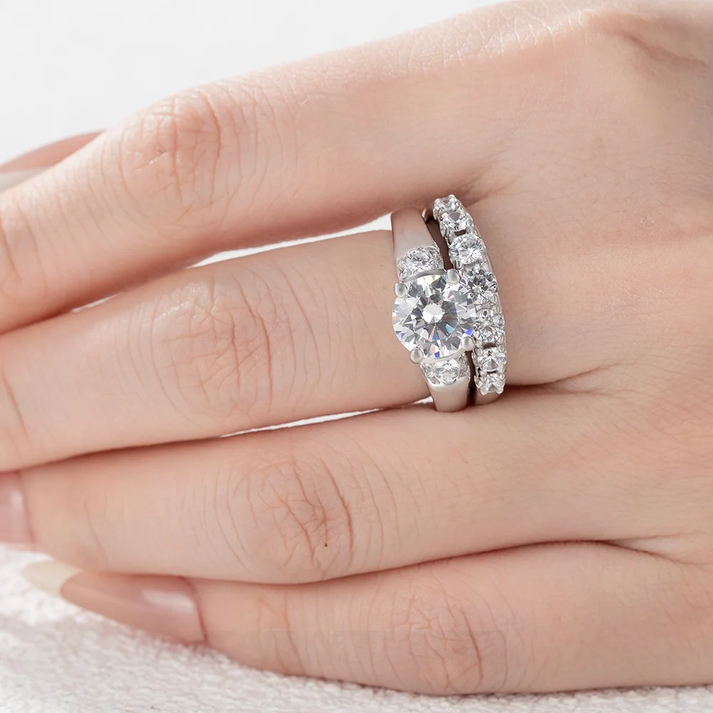 Rundschliff Diamantweiß Art-Déco 925er Sterlingsilber Ring-Set