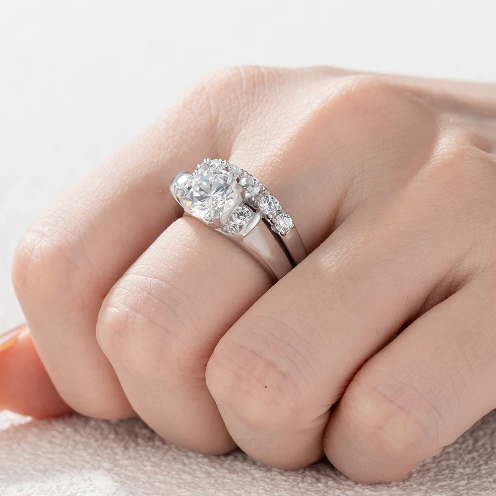 Rundschliff Diamantweiß Art-Déco 925er Sterlingsilber Ring-Set