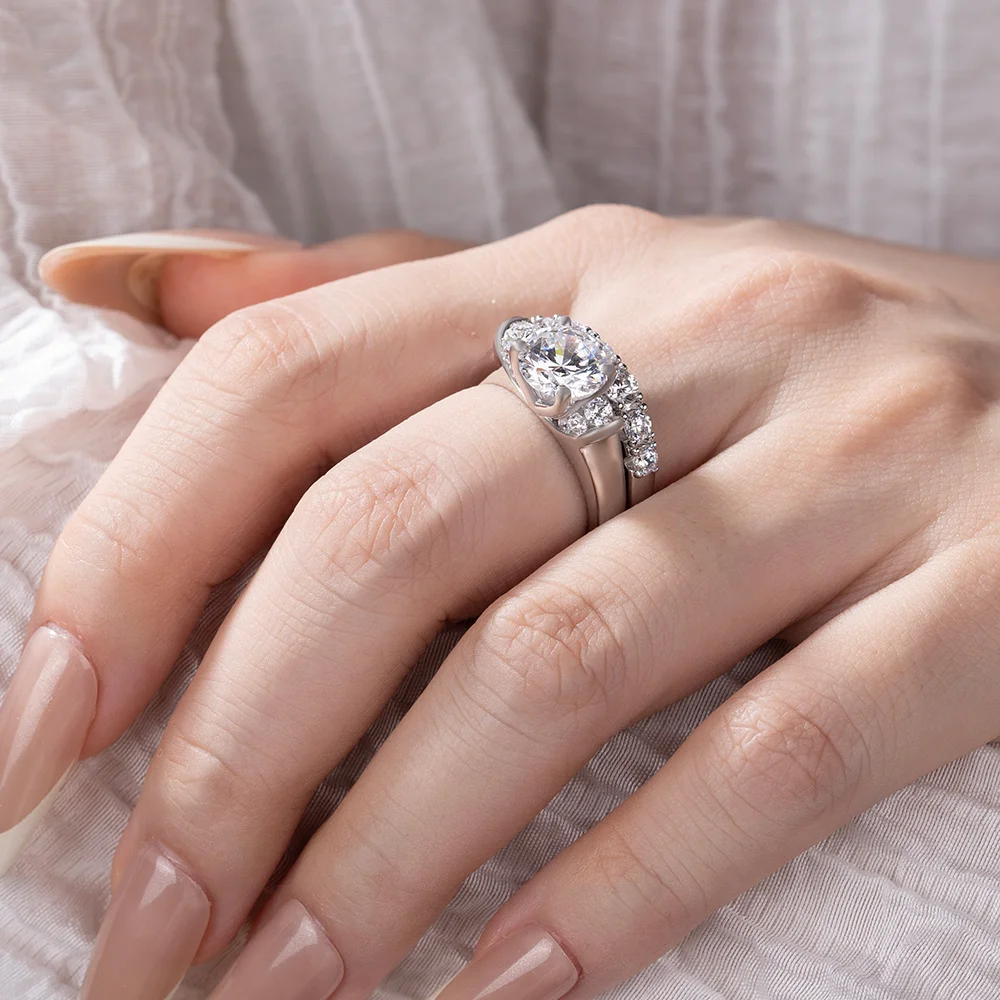 Rundschliff Diamantweiß Art-Déco 925er Sterlingsilber Ring-Set