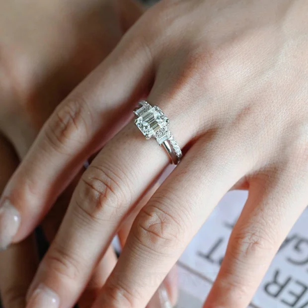 Smaragdschliff Diamantweiß Klassisch 3-Steine 925er Sterlingsilber Ring-Set