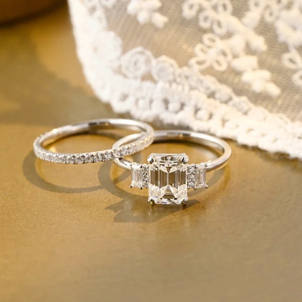 Smaragdschliff Diamantweiß Klassisch 3-Steine 925er Sterlingsilber Ring-Set